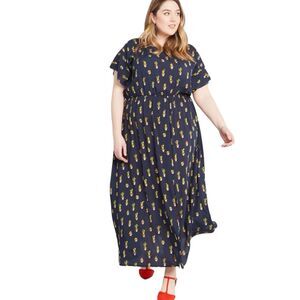 NEW MODCLOTH women Plus Size 4XL Navy Cactus Print Long Maxi Short sleeve Dress
